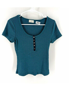 Anthropology TLA Women’s Teal Ribbed Knit Scoop Neck Short Sleeve Henley T-Shirt